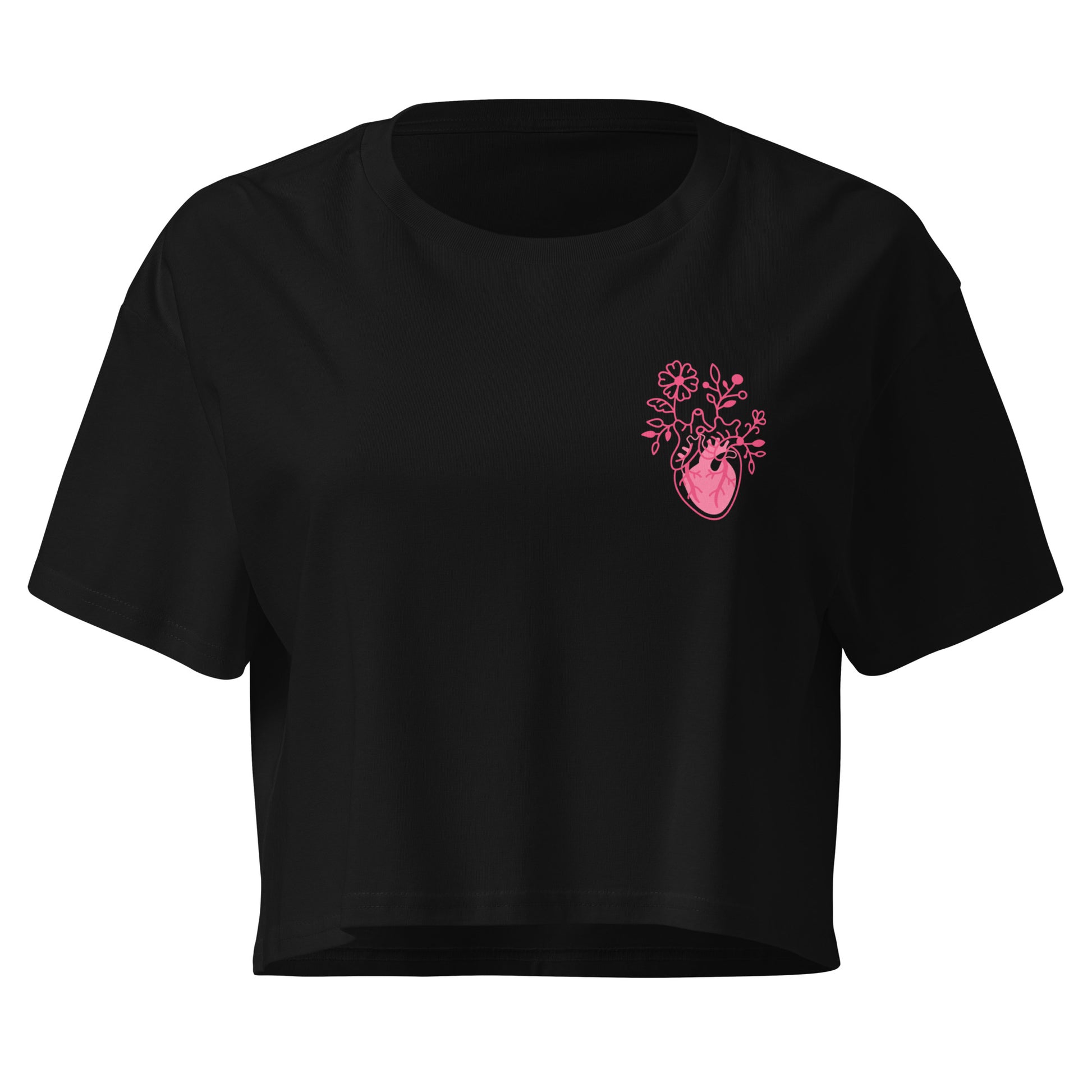Locker geschnittenes Crop-Top „Bone Amour“ mit floralem anatomischem Herzmotiv auf der Vorderseite und Bone-Amour-Logo auf der Rückseite – medizinisch inspirierter Fashion-Look in Schwarz, Bubblegum Pink und Orchidee