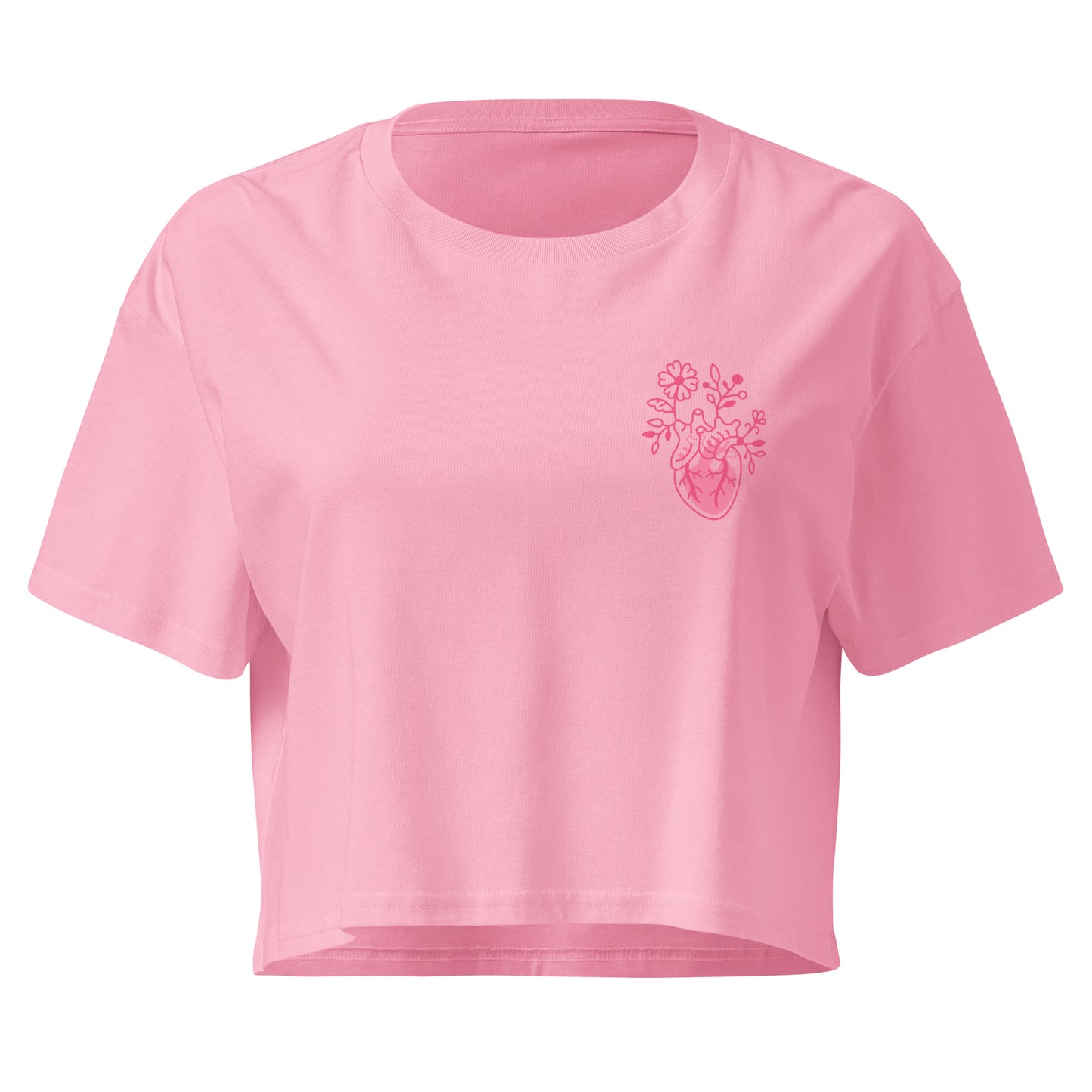 Locker geschnittenes Crop-Top „Bone Amour“ mit floralem anatomischem Herzmotiv auf der Vorderseite und Bone-Amour-Logo auf der Rückseite – medizinisch inspirierter Fashion-Look in Schwarz, Bubblegum Pink und Orchidee