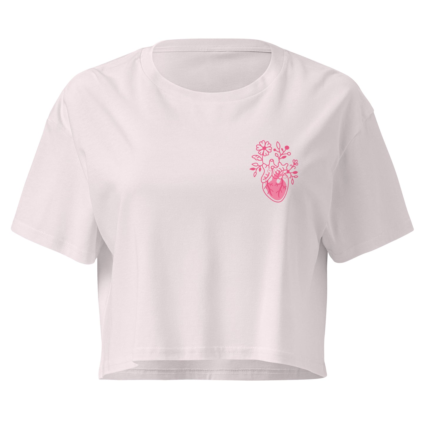 Locker geschnittenes Crop-Top „Bone Amour“ mit floralem anatomischem Herzmotiv auf der Vorderseite und Bone-Amour-Logo auf der Rückseite – medizinisch inspirierter Fashion-Look in Schwarz, Bubblegum Pink und Orchidee