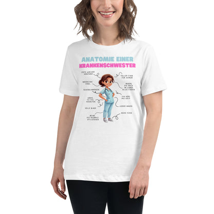 Lockeres Damen-T-Shirt mit „Anatomie einer Krankenschwester“-Illustration und MeDenSci-Logo auf der Rückseite