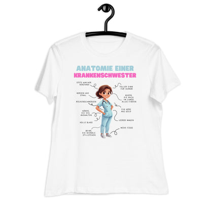 Lockeres Damen-T-Shirt mit „Anatomie einer Krankenschwester“-Illustration und MeDenSci-Logo auf der Rückseite